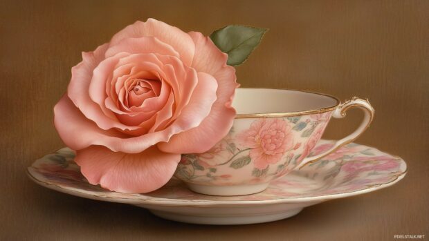 A vintage style desktop wallpaper of a pink rose, softly lit and placed in an ornate teacup.