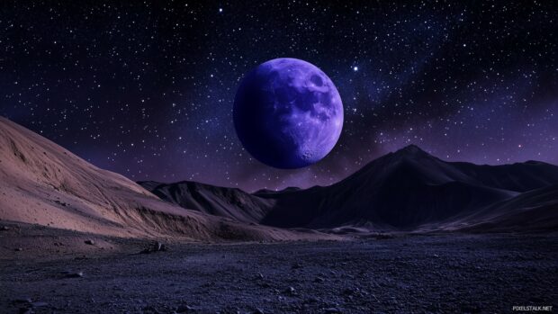 A vivid night sky featuring a large purple moon.