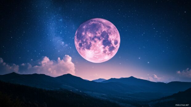 A vivid night sky featuring a large purple moon surrounded by stars.