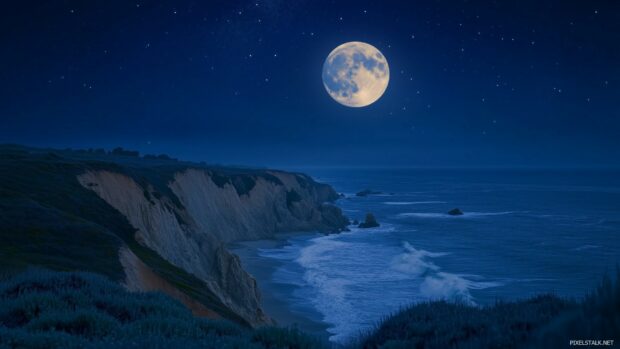 A vivid night sky with a full moon casting its glow over a coastal cliff.