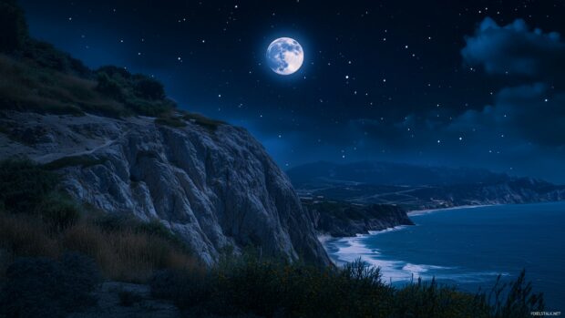 A vivid night sky with a full moon casting its glow over a coastal cliff, with the ocean waves gently illuminated by the moonlight, and distant stars twinkling in the background.