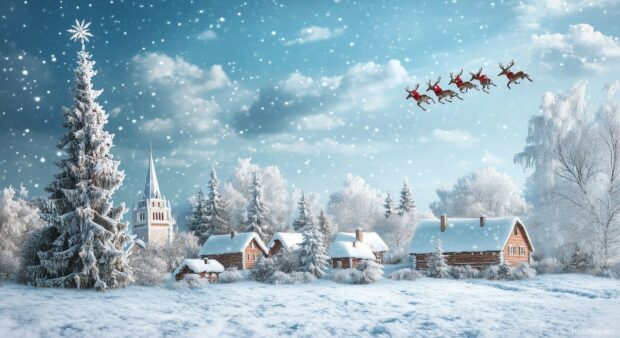 A whimsical Christmas Laptop wallpaper with Santa and his reindeer flying over a snowy village.