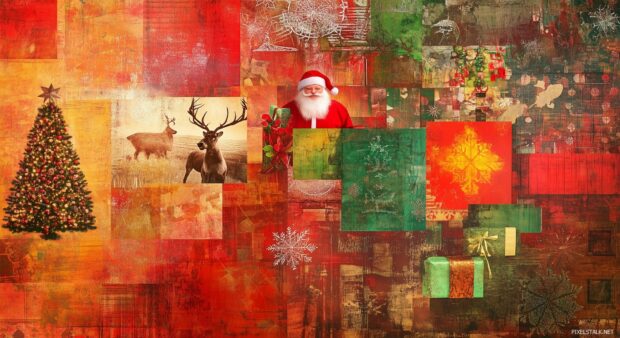 A whimsical Christmas collage featuring images of Santa, reindeer, Christmas trees, and wrapped gifts.