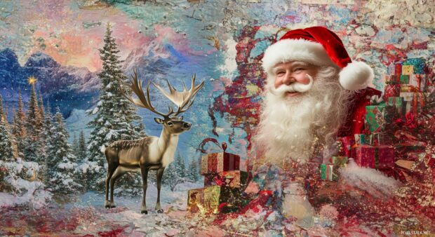 A whimsical Christmas collage featuring images of Santa, reindeer, Christmas trees, and wrapped gifts, artistically blended to celebrate the holiday spirit.