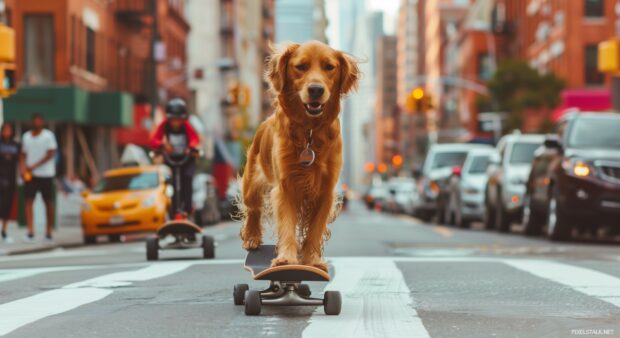 A whimsical Dog background with a cool dog riding a skateboard down a busy urban street.