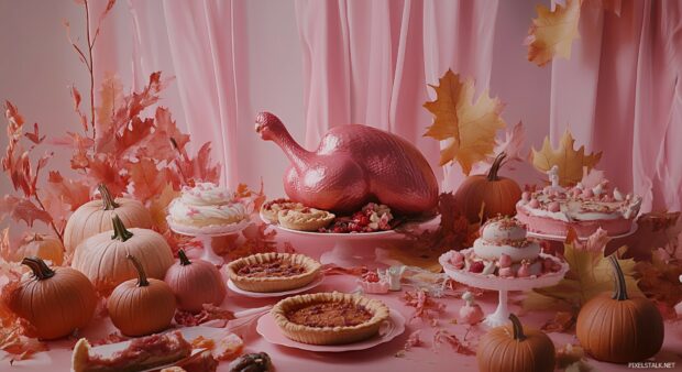 A whimsical Thanksgiving feast with a turkey, pies, and autumn leaves, all surrounded by pastel pumpkins and cute decorations.