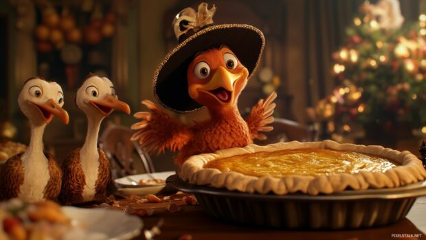 A whimsical Thanksgiving scene with cartoon turkeys and pies engaged in a pie throwing contest.