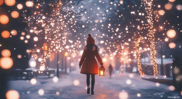 A whimsical anime girl holding a lantern and walking through a snowy village filled with holiday lights and decorations.