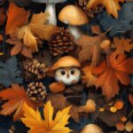 A whimsical autumn forest scene with cute mushrooms, pinecones, and tiny owls nestled among colorful falling leaves.