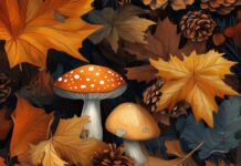 A whimsical autumn forest scene with cute mushrooms, pinecones, and tiny owls nestled among colorful falling leaves.