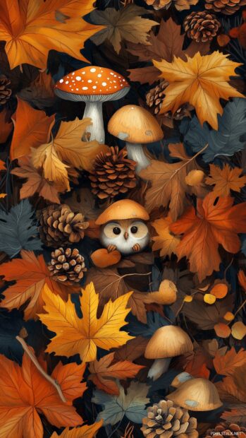 A whimsical autumn forest scene with cute mushrooms, pinecones, and tiny owls nestled among colorful falling leaves.