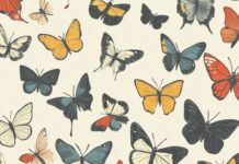 A whimsical butterfly pattern with hand drawn style butterflies in various poses.