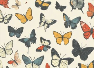 A whimsical butterfly pattern with hand drawn style butterflies in various poses.