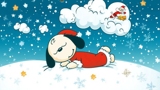 A whimsical depiction of Snoopy dreaming of a snowy Christmas wonderland, with colorful thought bubbles showing him flying through the sky.