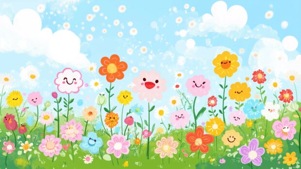 A whimsical garden filled with blooming flowers, each with adorable faces and bright colors.