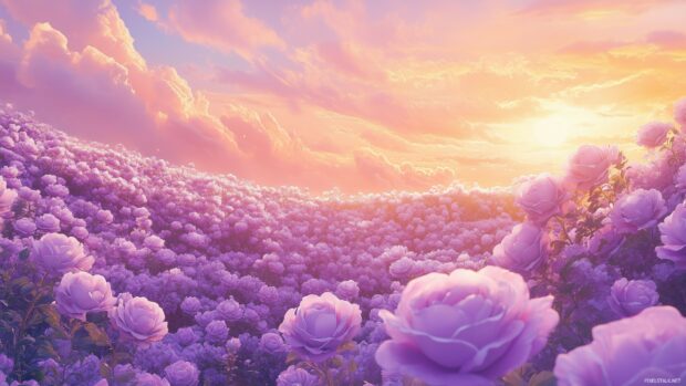 A whimsical landscape features field of purple roses under a vibrant sunset, with the sky painted in shades of pink and orange.