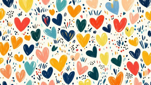 A whimsical pattern of hand drawn hearts in bright, vibrant colors, arranged in a playful scatter across a light pastel background, capturing a fun and youthful aesthetic valentines day.