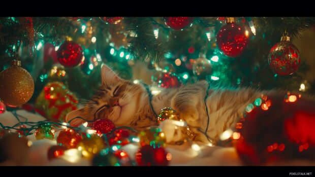 A whimsical scene of a cat tangled in Christmas lights, sitting next to a toppled over Christmas tree, with colorful ornaments scattered everywhere.