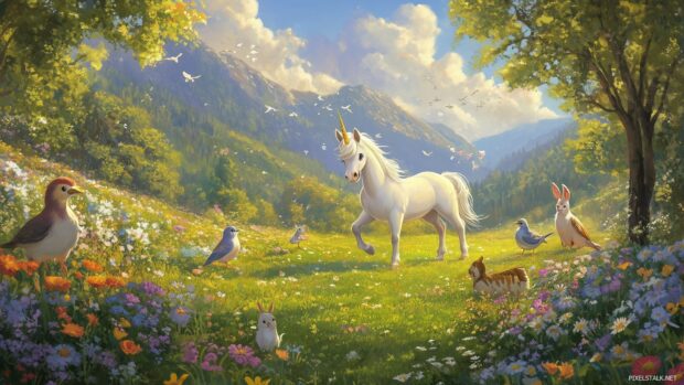 A whimsical scene of a cute unicorn surrounded by cheerful animals, like bunnies and birds, playing together in a vibrant meadow filled with flowers.