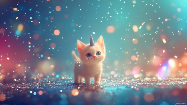 A whimsical scene of a tiny kitten wearing a unicorn horn, surrounded by colorful stars and sparkles.