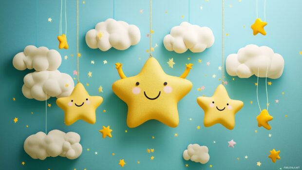 A whimsical scene of cute stars dancing among fluffy clouds, surrounded by sparkles and colorful shooting stars.