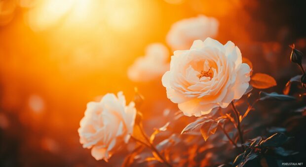 A white rose garden at sunset.