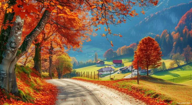 A winding country road lined 1080p Full HD Image with vibrant autumn trees leading to a charming village.