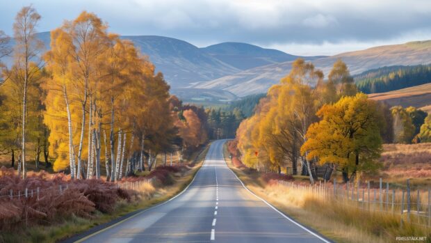 A winding country road lined with vibrant autumn trees leading towards distant hills.