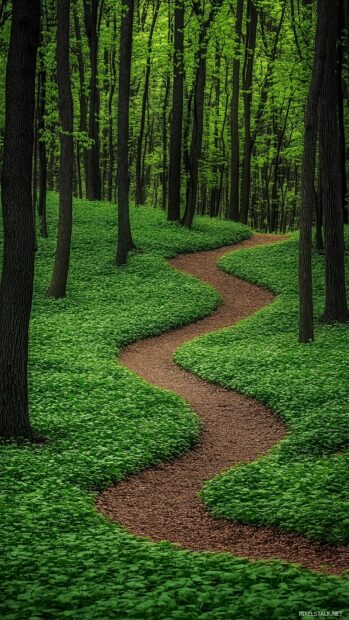 A winding forest path surrounded by rich, green vegetation, leading through a tranquil and immersive natural landscape.