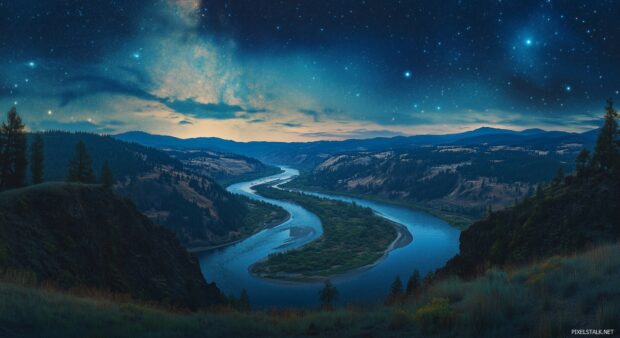 A winding river reflecting moonlight as it cuts through a quiet valley.