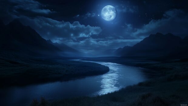 A winding river reflecting moonlight as it cuts through a quiet valley, with distant mountains barely visible under the starry sky.