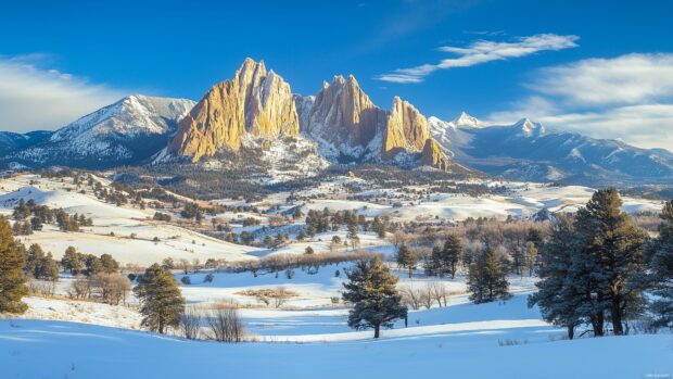 A winter 4K wallpaper in the Rocky Mountains, with snow covered rocks and sharp peaks under a crisp blue sky.