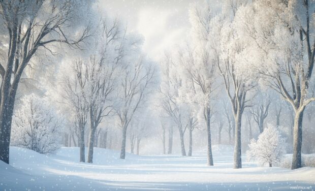 A winter forest landscape with snow covered ground, towering trees with frosted branches.