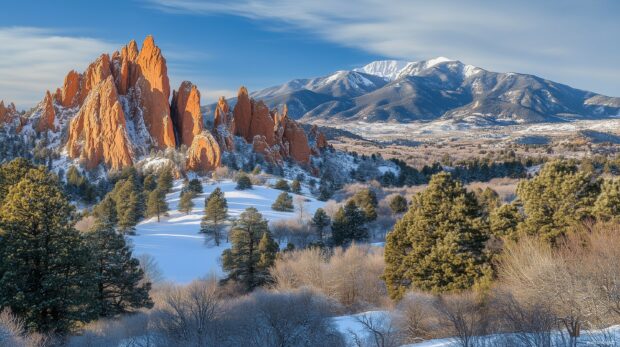 A winter scene in the Rocky Mountains, with snow covered rocks and sharp peaks under a crisp blue sky.