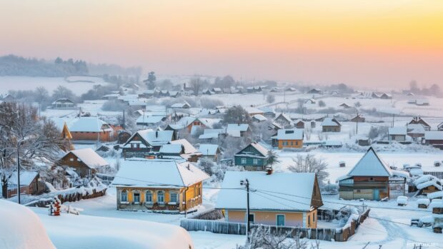 A winter village at dawn with snow covered rooftops and soft morning light.