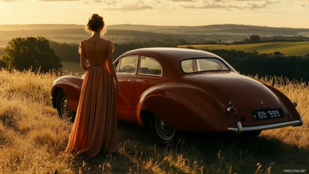 A young woman in a flowing dress standing beside a vintage classic car.