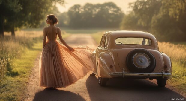 A young woman in a flowing dress standing beside a vintage classic car.