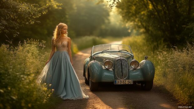 A young woman in a flowing dress standing beside a vintage classic car, captured in a sunlit, picturesque countryside setting.