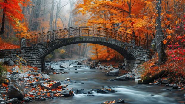 A bridge over a stream with colorful fall trees.