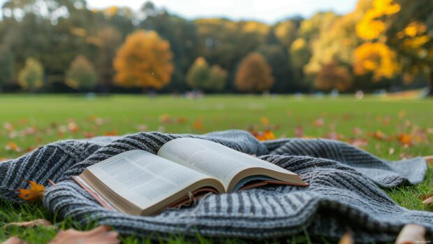 A cozy blanket and book setup in a fall park.