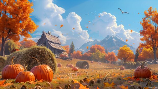 A fall festival scene with hay bales and pumpkins.