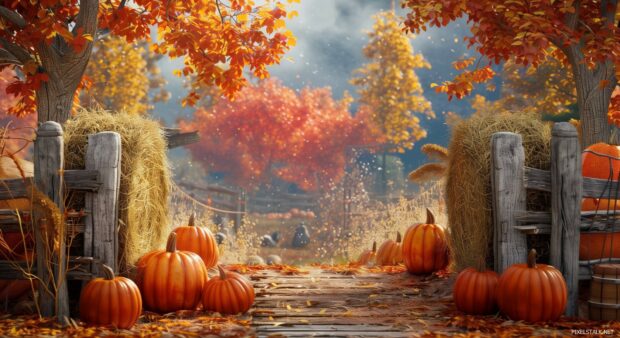 A fall festival scene with hay bales and pumpkins.