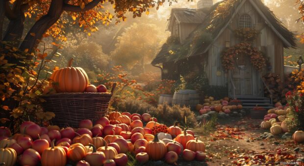 A fall harvest scene with apples and pumpkins.