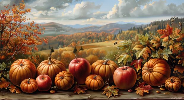 A fall harvest scene with apples and pumpkins.