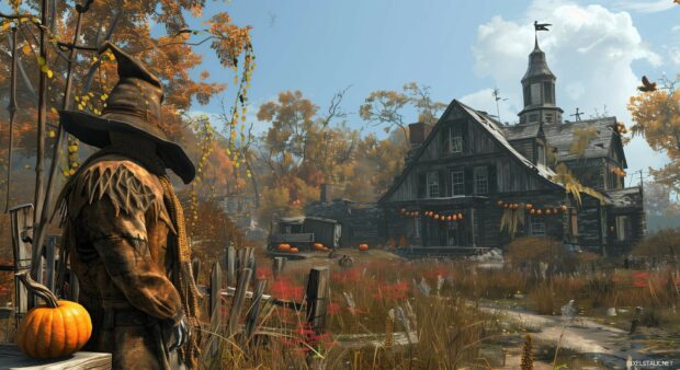 A farmhouse with a scarecrow and pumpkins in the yard.