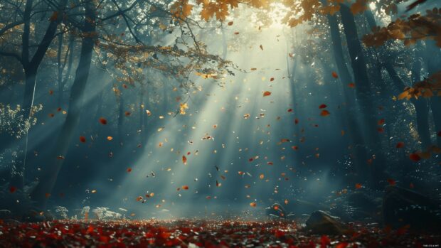 A misty forest fall sunset 4K wallpaper with sunlight filtering through autumn.