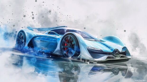 A painting of a futuristic sportscar blue and White.