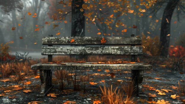 A rustic bench in a park with falling leaves.