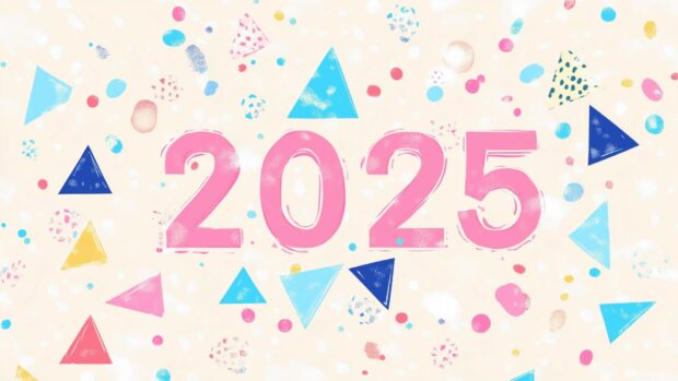 Abstract New Year wallpaper with colorful geometric shapes like triangles, circles, and confetti in pastel colors,025 in bold modern font at the center.