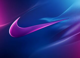 Abstract Nike 4K Wallpaper with a swoosh pattern integrated into a vibrant blue and purple abstract design.